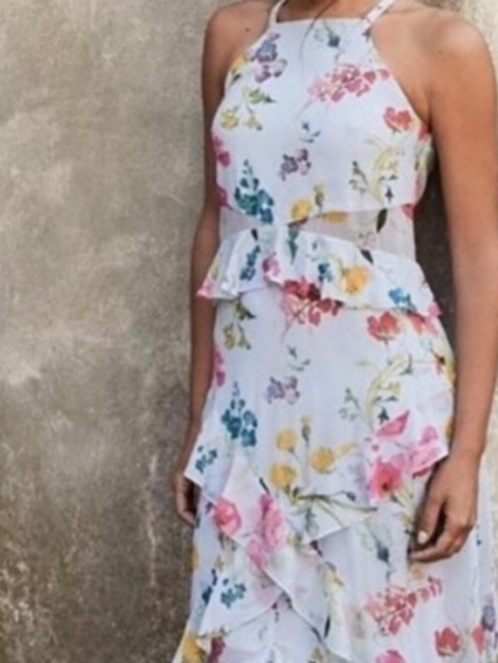 Rachel Light Blue Floral Halter Tiered Maxi Dress